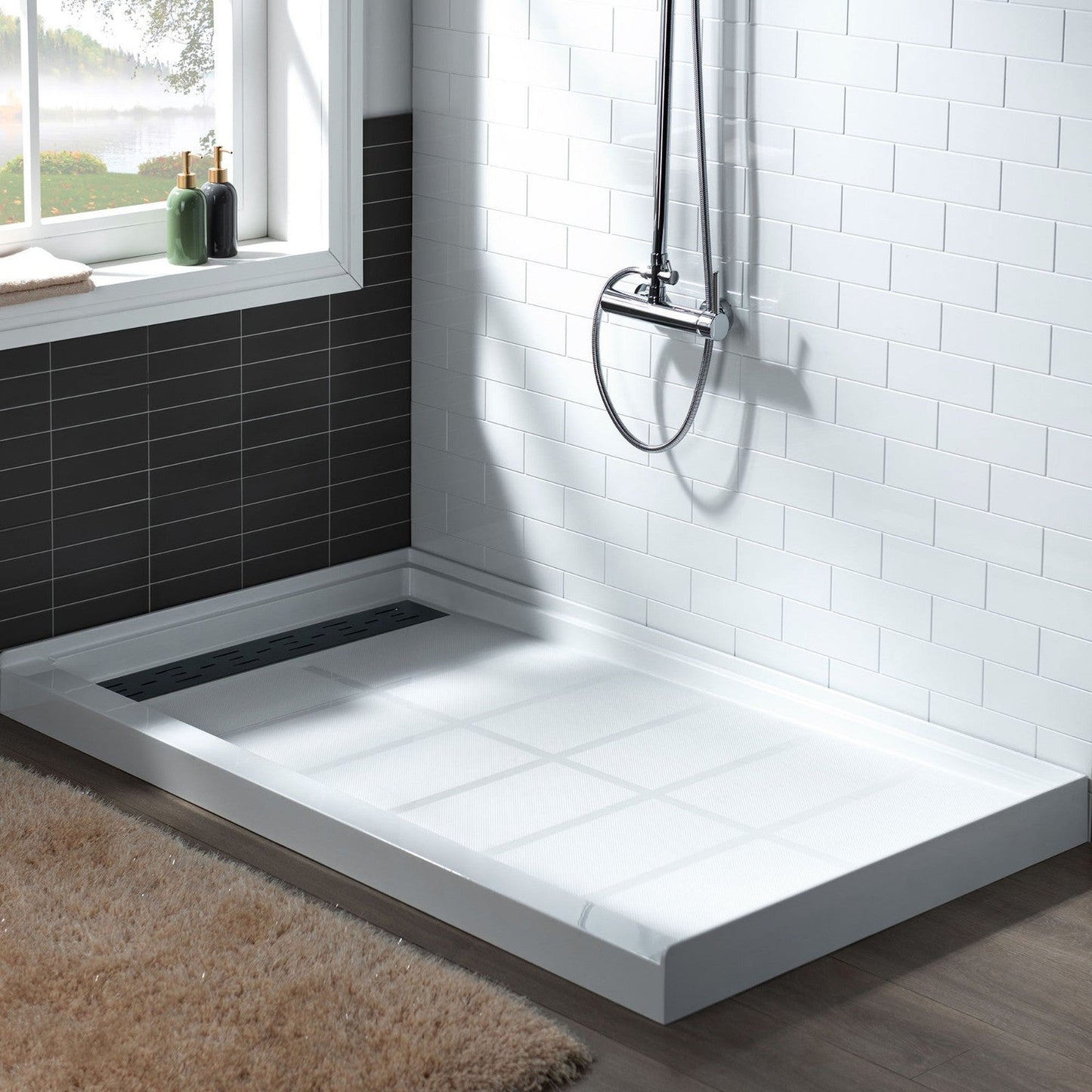 WoodBridge 60" x 36" White Solid Surface Left Drain Location Matte Black Trench Cover Shower Base With MSDC6062-MBL Frameless Shower Door and SWP603696-3-SB-M Matte White Vertical Pattern 3-Panel Shower Wall Kit