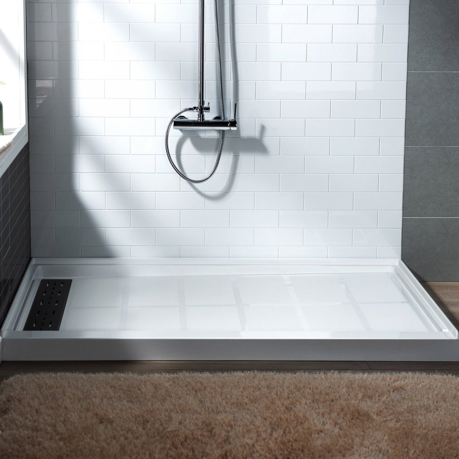 WoodBridge 60" x 36" White Solid Surface Left Drain Location Matte Black Trench Cover Shower Base With SDD6062-MBL Double Sliding Frameless Shower Door and SWP603296-1-SU-H White High Gloss Vertical Pattern 3-Panel Shower Wall Kit