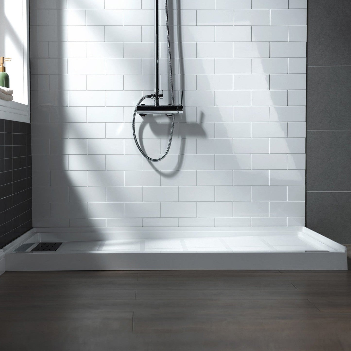 WoodBridge 60" x 36" White Solid Surface Left Drain Location Matte Black Trench Cover Shower Base With SDD6062-MBL Double Sliding Frameless Shower Door and SWP603696-1-SU-H White High Gloss Vertical Pattern 3-Panel Shower Wall Kit