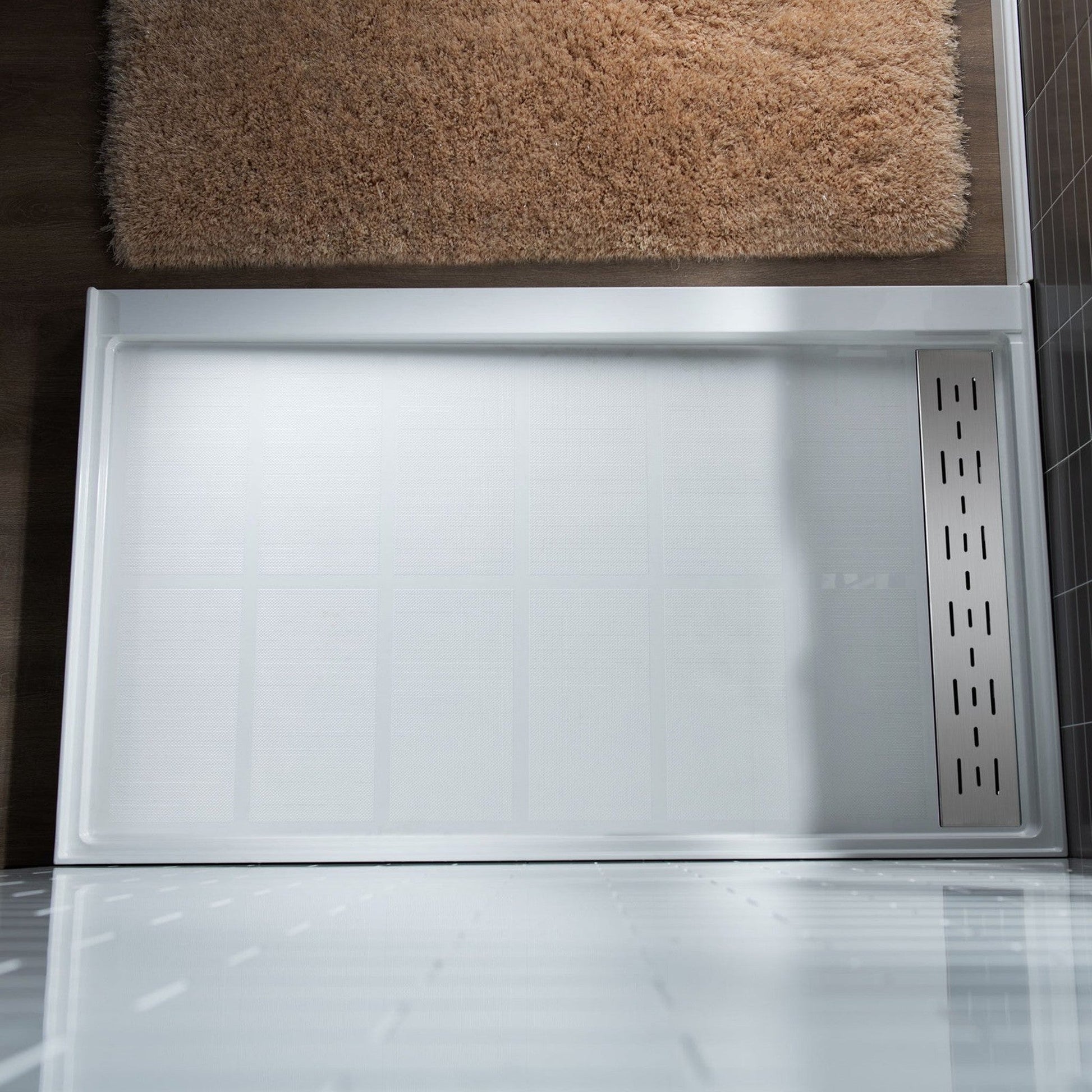 WoodBridge 60" x 36" White Solid Surface Right Drain Location Brushed Nickel Trench Cover Shower Base With MBSDC6062-BN Frameless Shower Door and SWP603296-1-SU-H White High Gloss Vertical Pattern 3-Panel Shower Wall Kit