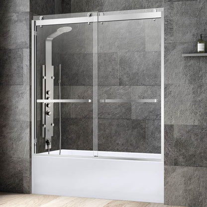 WoodBridge 60" x 36" White Solid Surface Right Drain Location Brushed Nickel Trench Cover Shower Base With SDD6062-B Double Sliding Frameless Shower Door and SWP603296-3-SB-M Matte White Vertical Pattern 3-Panel Shower Wall Kit
