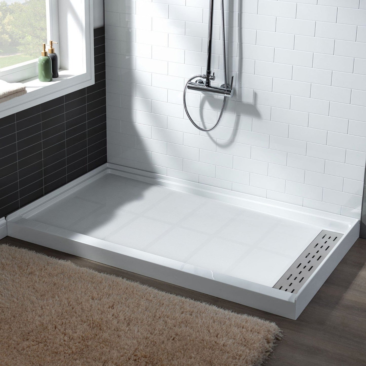 WoodBridge 60" x 36" White Solid Surface Right Drain Location Brushed Nickel Trench Drain Cover Shower Base With MBSDC6062-BN Frameless Shower Door and SWP603296-2-SU-H Vertical Pattern 3-Panel Shower Wall Kit