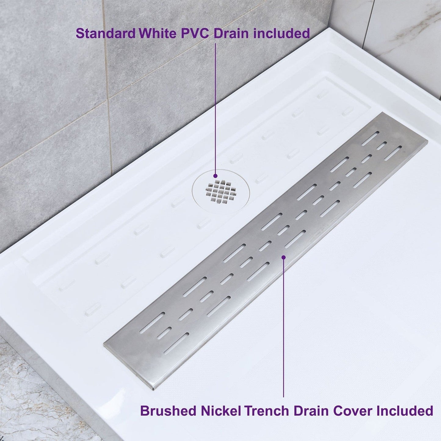 WoodBridge 60" x 36" White Solid Surface Right Drain Location Brushed Nickel Trench Drain Cover Shower Base With SDD6076-B Double Sliding Frameless Shower Door and SWP603696-2-SU-H Matte Gray Vertical Pattern 3-Panel Shower Wall Kit