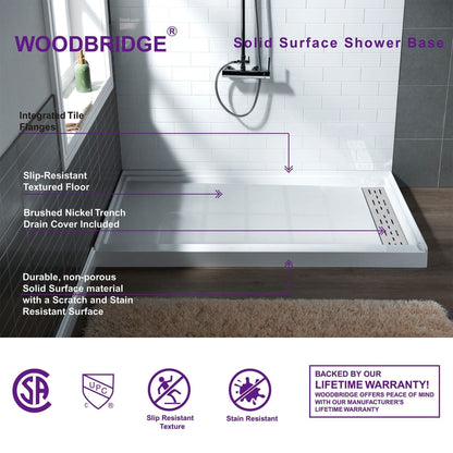 WoodBridge 60" x 36" White Solid Surface Right Drain Location Brushed Nickel Trench Drain Cover Shower Base With SDD6076-B Double Sliding Frameless Shower Door and SWP603696-2-SU-H Matte Gray Vertical Pattern 3-Panel Shower Wall Kit