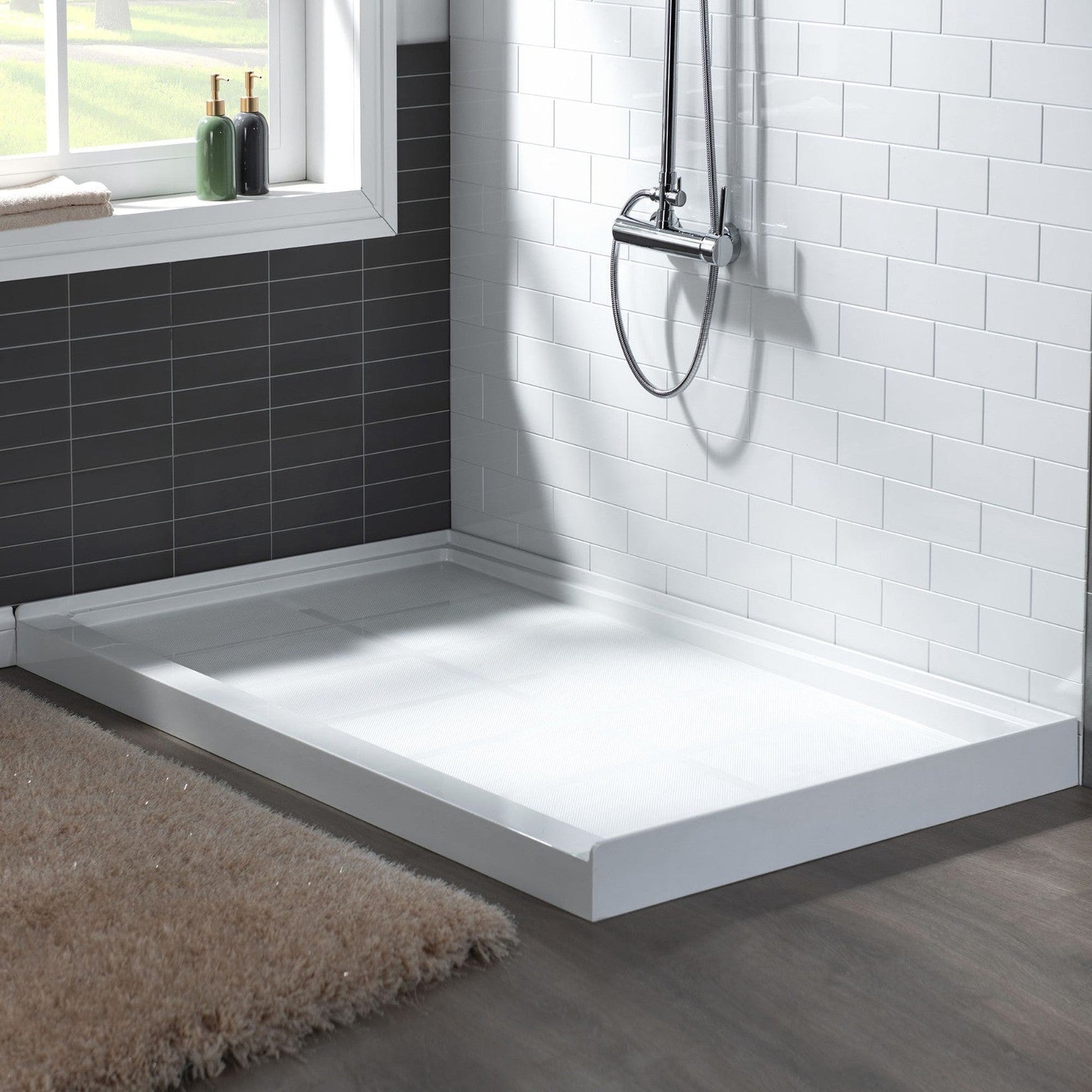 WoodBridge 60" x 36" White Solid Surface Right Drain Location Chrome Trench Cover Shower Base With SDD6062-C Double Sliding Frameless Shower Door and SWP603296-1-SU-H White High Gloss Vertical Pattern 3-Panel Shower Wall Kit