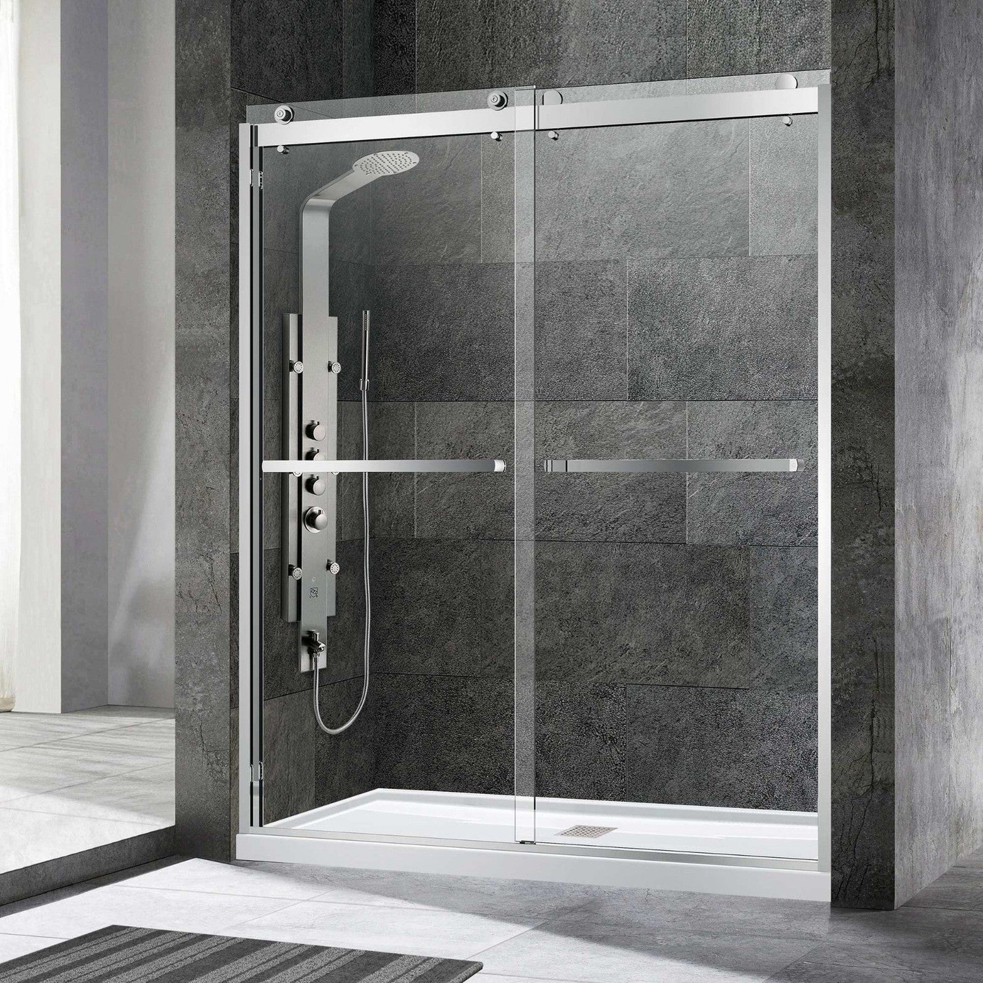 WoodBridge 60" x 36" White Solid Surface Right Drain Location Chrome Trench Shower Base With SDD6076-C Double Sliding Frameless Shower Door and SWP603696-2-SU-H Matte Gray Vertical Pattern 3-Panel Shower Wall Kit