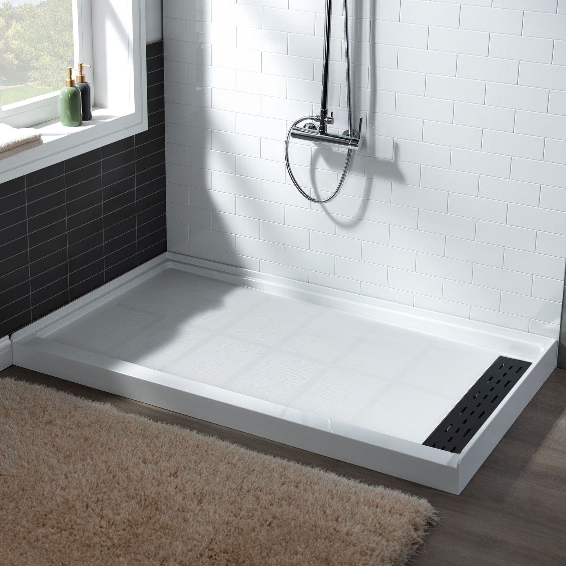 WoodBridge 60" x 36" White Solid Surface Right Drain Location Matte Black Trench Cover Shower Base With SDD6076-MBL Double Sliding Frameless Shower Door and SWP603296-3-SB-M Matte White Vertical Pattern 3-Panel Shower Wall Kit