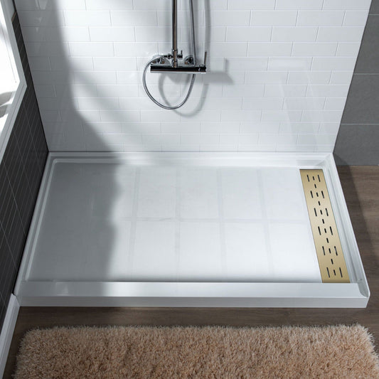 WoodBridge 60" x 36" White Solid Surface Right Drain Location Shower Base Brushed Gold Trench Cover With MBSDC7276-BG Frameless Shower Door and SWP603296-3-SB-M Matte White Vertical Pattern 3-Panel Shower Wall Kit