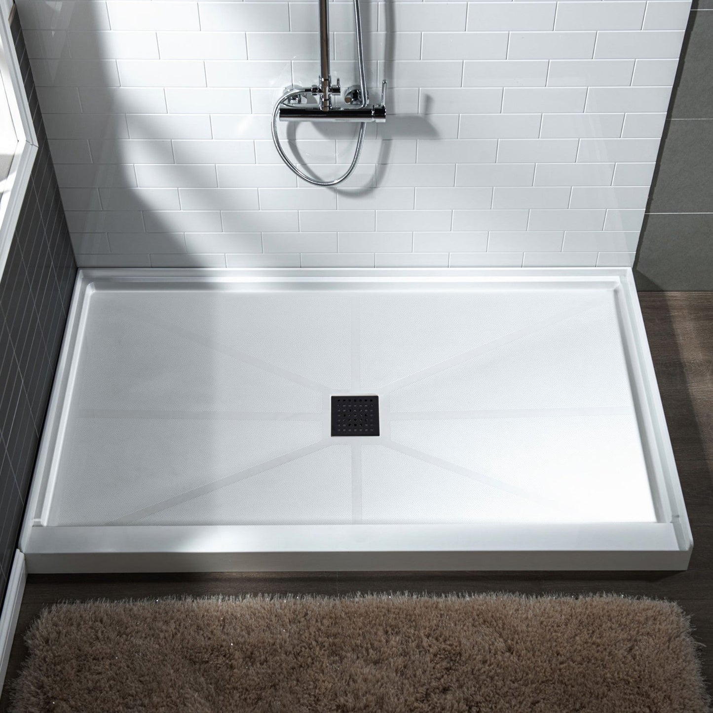 WoodBridge 60" x 36" White Solid Surface Shower Base Center Drain Location With Matte Black Trench Drain Cover