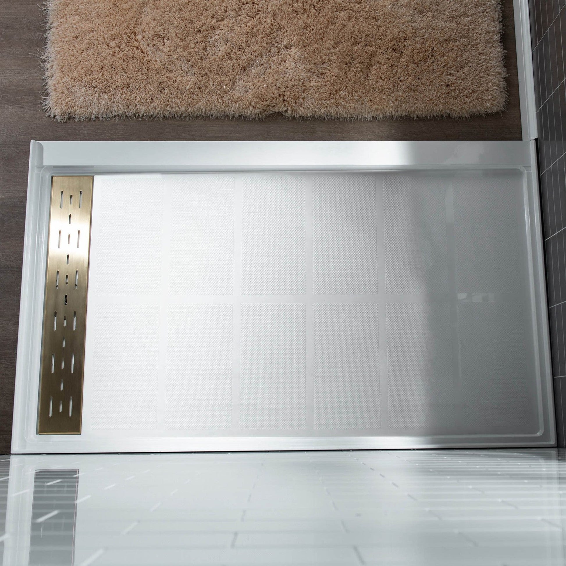 WoodBridge 60" x 36" White Solid Surface Shower Base Left Drain Location With Brushed Gold Trench Drain Cover