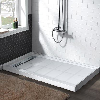 WoodBridge 60" x 36" White Solid Surface Shower Base Left Drain Location With Chrome Trench Drain Cover