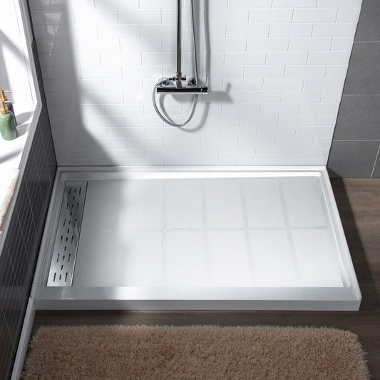 WoodBridge 60" x 36" White Solid Surface Shower Base Left Drain Location With Chrome Trench Drain Cover