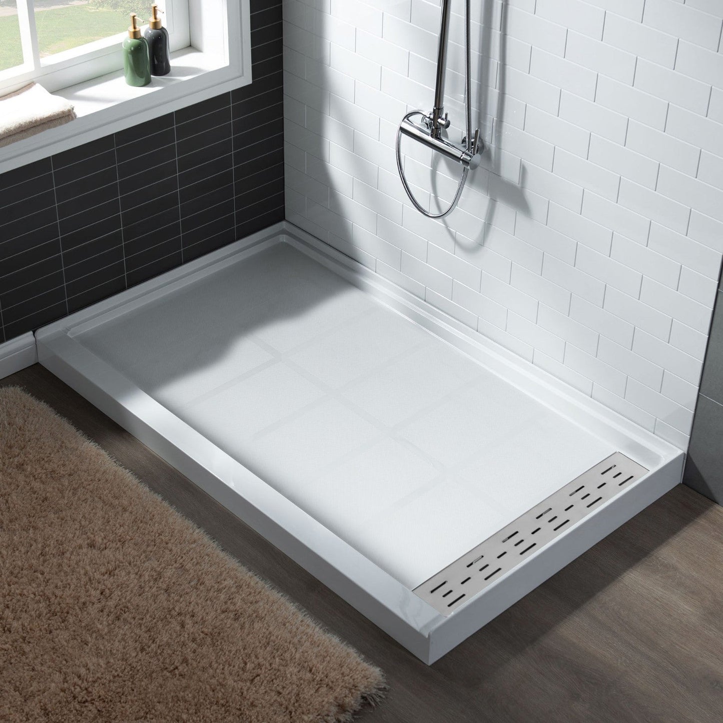 WoodBridge 60" x 36" White Solid Surface Shower Base Right Drain Location With Brushed Nickel Trench Drain Cover