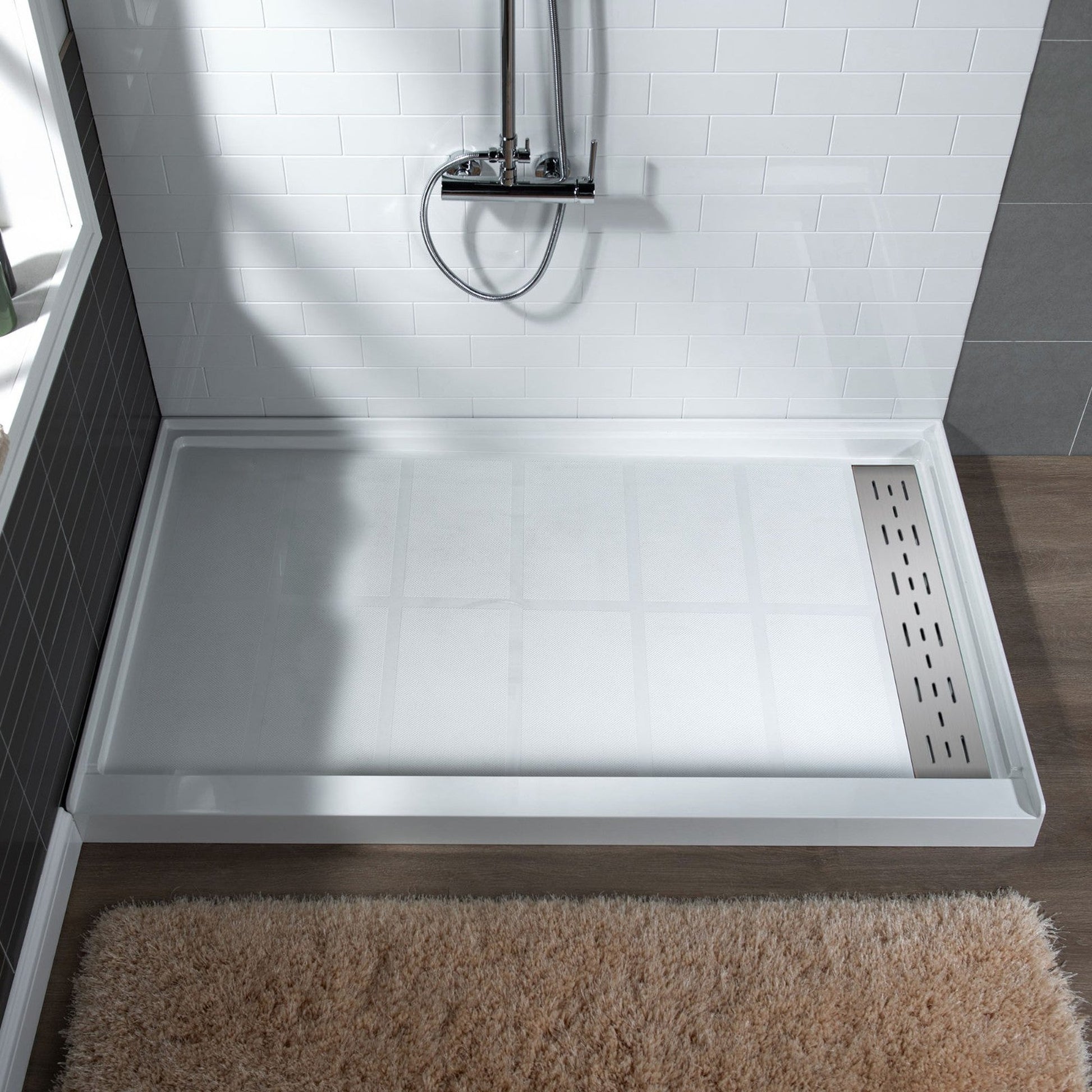WoodBridge 60" x 36" White Solid Surface Shower Base Right Drain Location With Brushed Nickel Trench Drain Cover