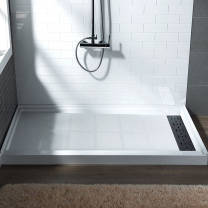 WoodBridge 60" x 36" White Solid Surface Shower Base Right Drain Location With Oil Rubbed Bronze Trench Drain Cover