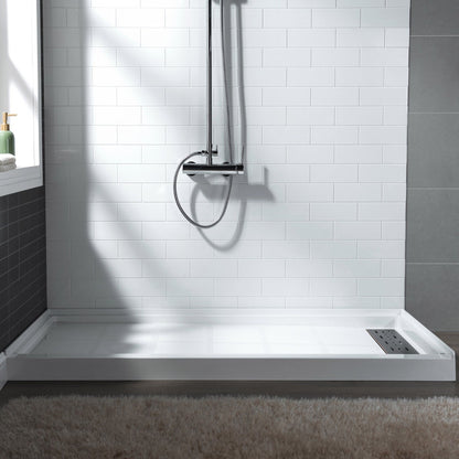 WoodBridge 60" x 36" White Solid Surface Shower Base Right Drain Location With Oil Rubbed Bronze Trench Drain Cover