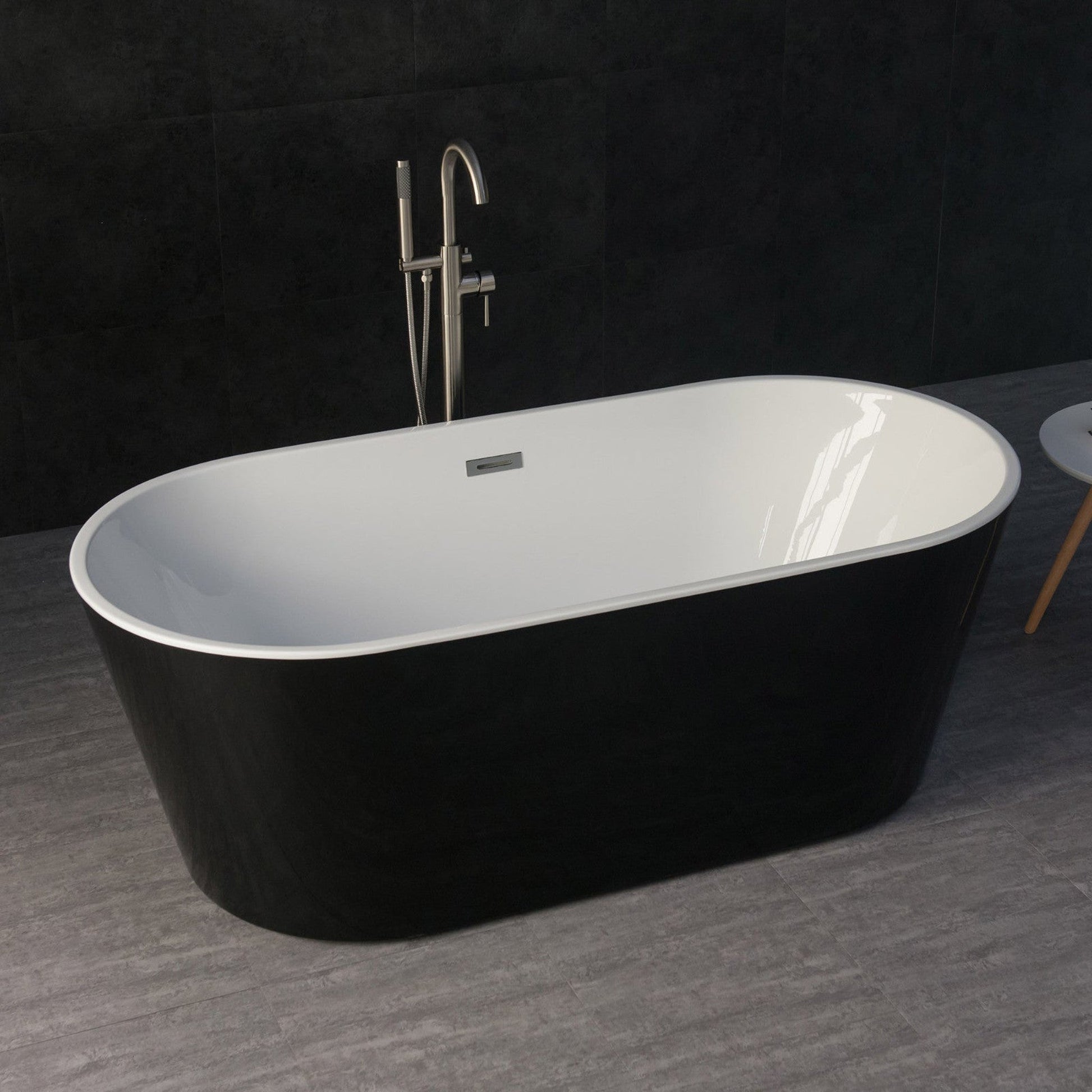 WoodBridge 67" Black Acrylic Freestanding Soaking Bathtub With Brushed Nickel Drain, Overflow, F-0014 Tub Filler and Caddy Tray