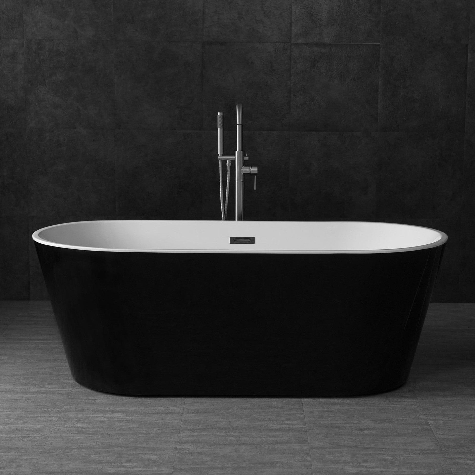 WoodBridge 67" Black Acrylic Freestanding Soaking Bathtub With Brushed Nickel Drain, Overflow, F-0014 Tub Filler and Caddy Tray