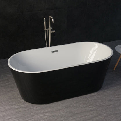 WoodBridge 67" Black Acrylic Freestanding Soaking Bathtub With Brushed Nickel Drain, Overflow, F0001BNVT Tub Filler and Caddy Tray