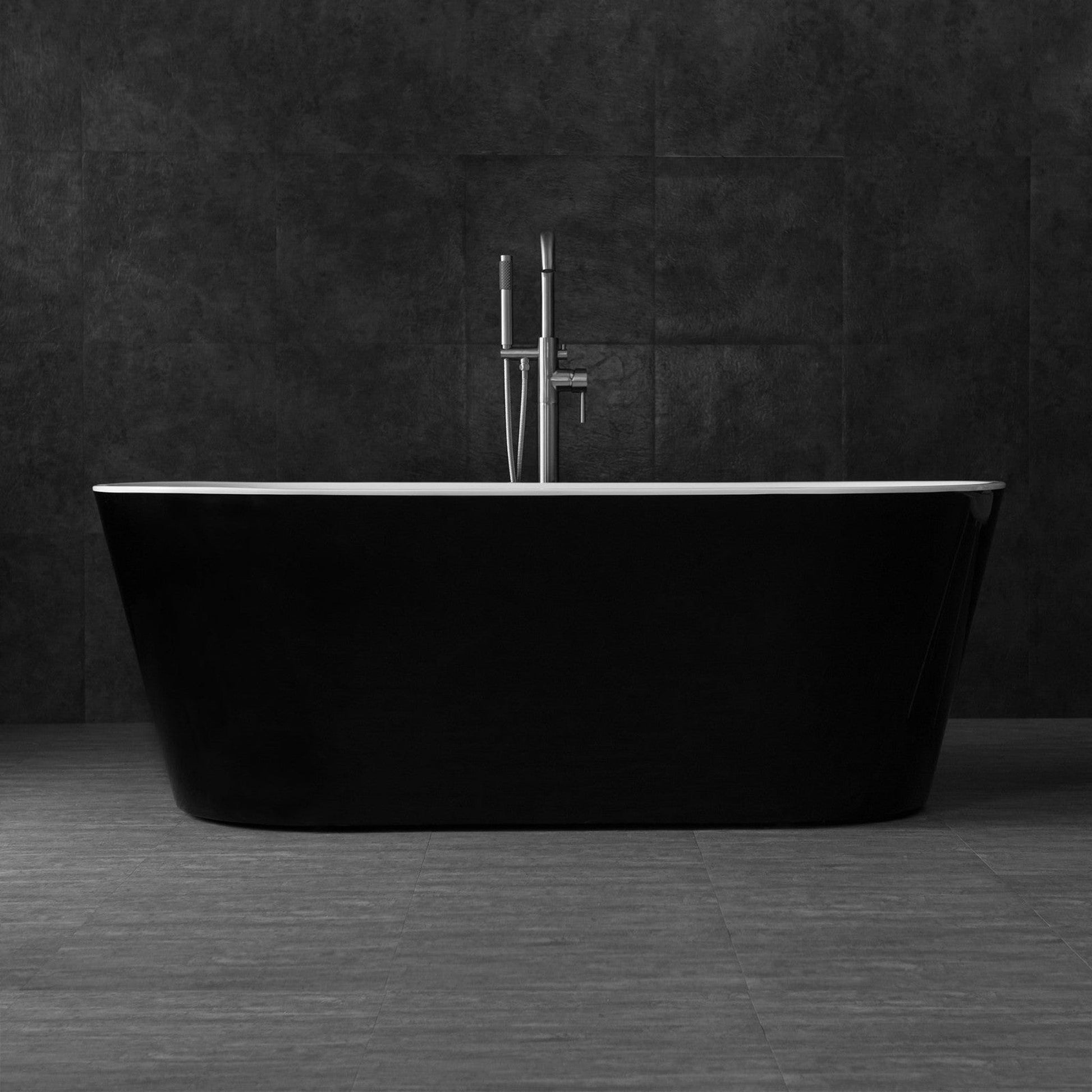 WoodBridge 67" Black Acrylic Freestanding Soaking Bathtub With Brushed Nickel Drain, Overflow, F0023BNSQ Tub Filler and Caddy Tray