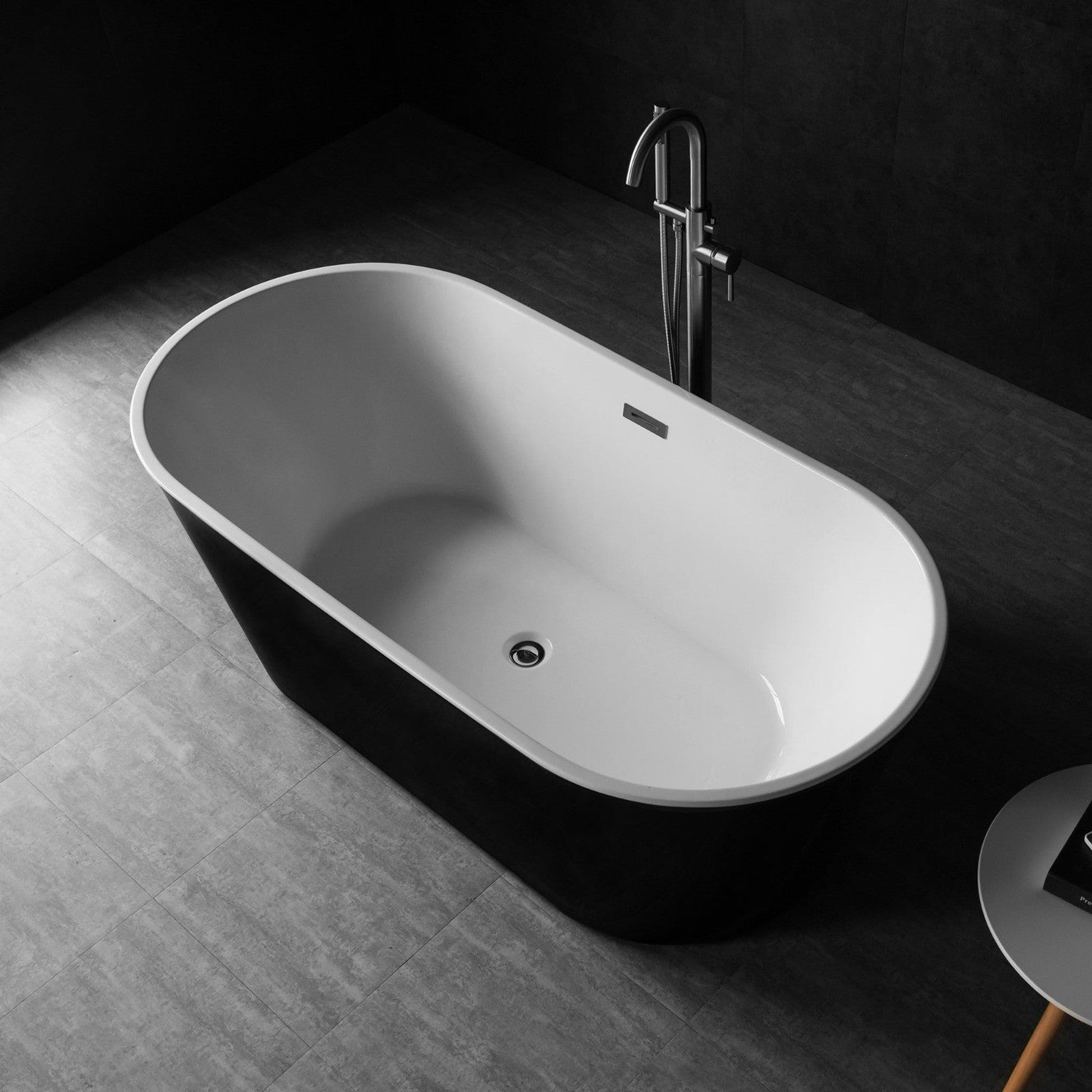 WoodBridge 67" Black Acrylic Freestanding Soaking Bathtub With Brushed Nickel Drain, Overflow, F0023BNSQ Tub Filler and Caddy Tray