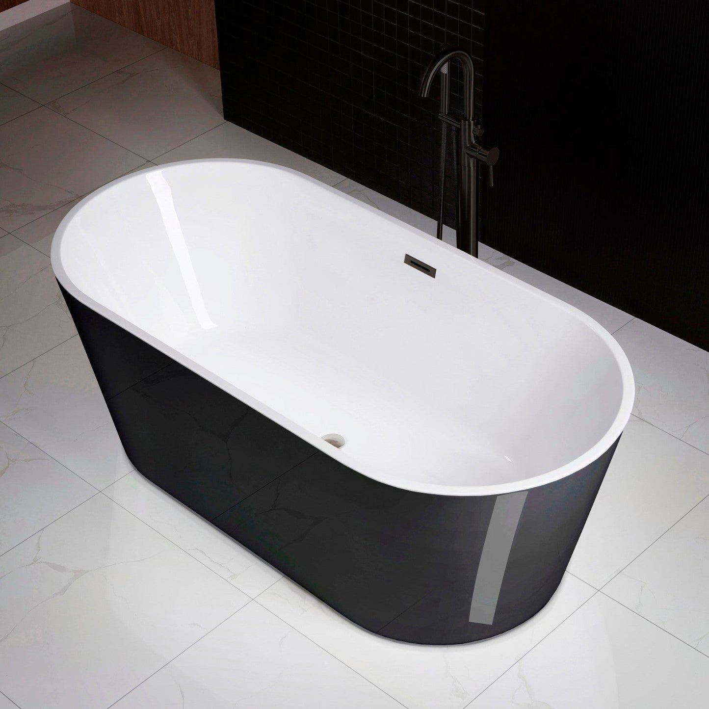 WoodBridge 67" Black Acrylic Freestanding Soaking Bathtub With Matte Black Drain, Overflow, F-0015 Tub Filler and Caddy Tray