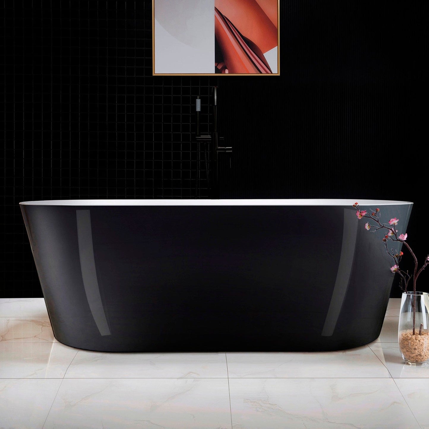 WoodBridge 67" Black Acrylic Freestanding Soaking Bathtub With Matte Black Drain, Overflow, F-0015 Tub Filler and Caddy Tray