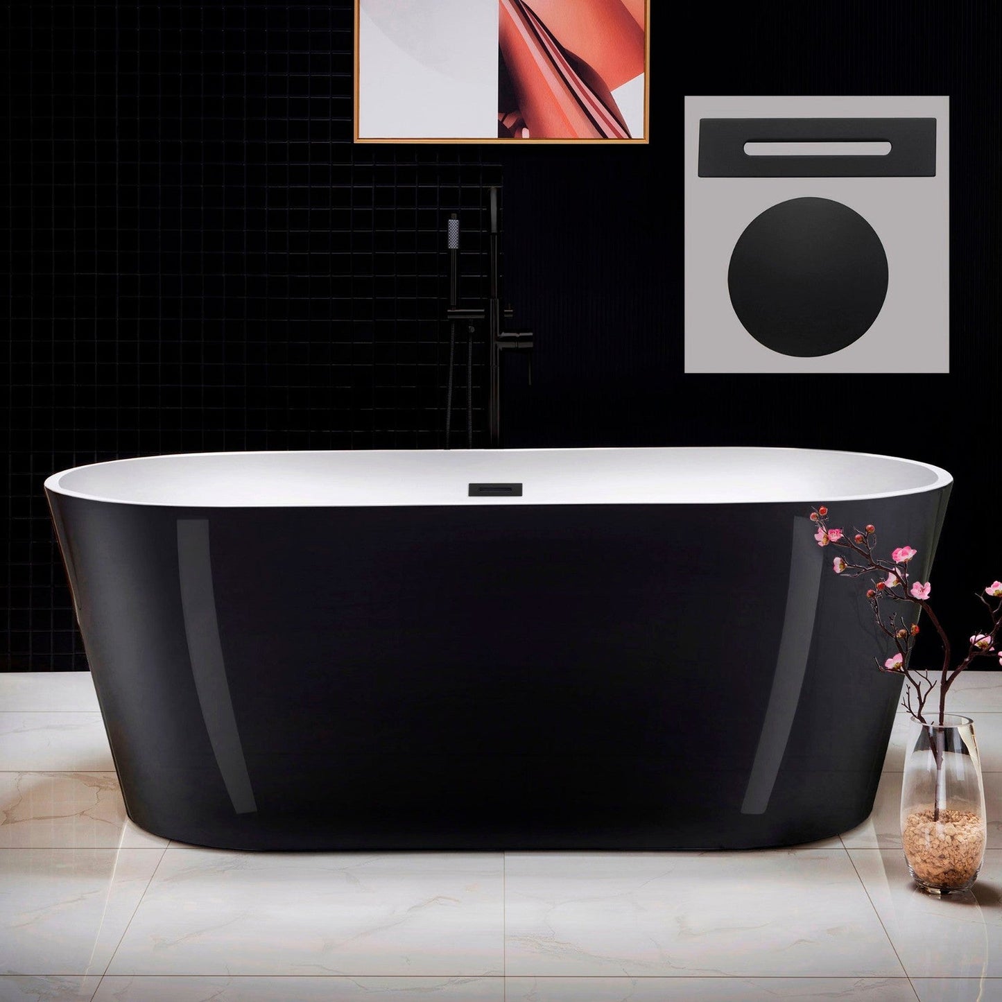 WoodBridge 67" Black Acrylic Freestanding Soaking Bathtub With Matte Black Drain, Overflow, F-0015 Tub Filler and Caddy Tray