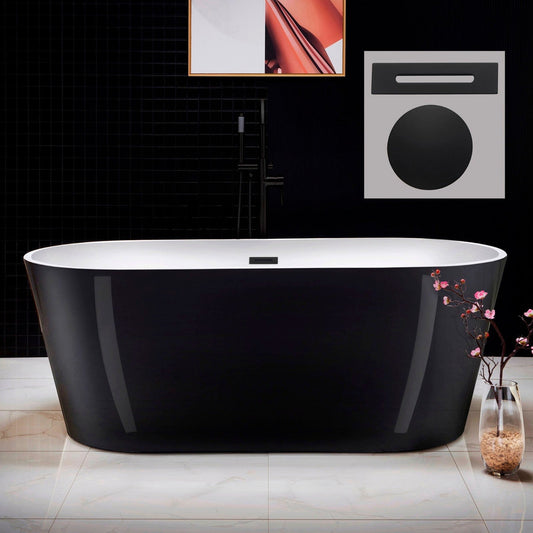 WoodBridge 67" Black Acrylic Freestanding Soaking Bathtub With Matte Black Drain, Overflow, F0006MBVT Tub Filler and Caddy Tray