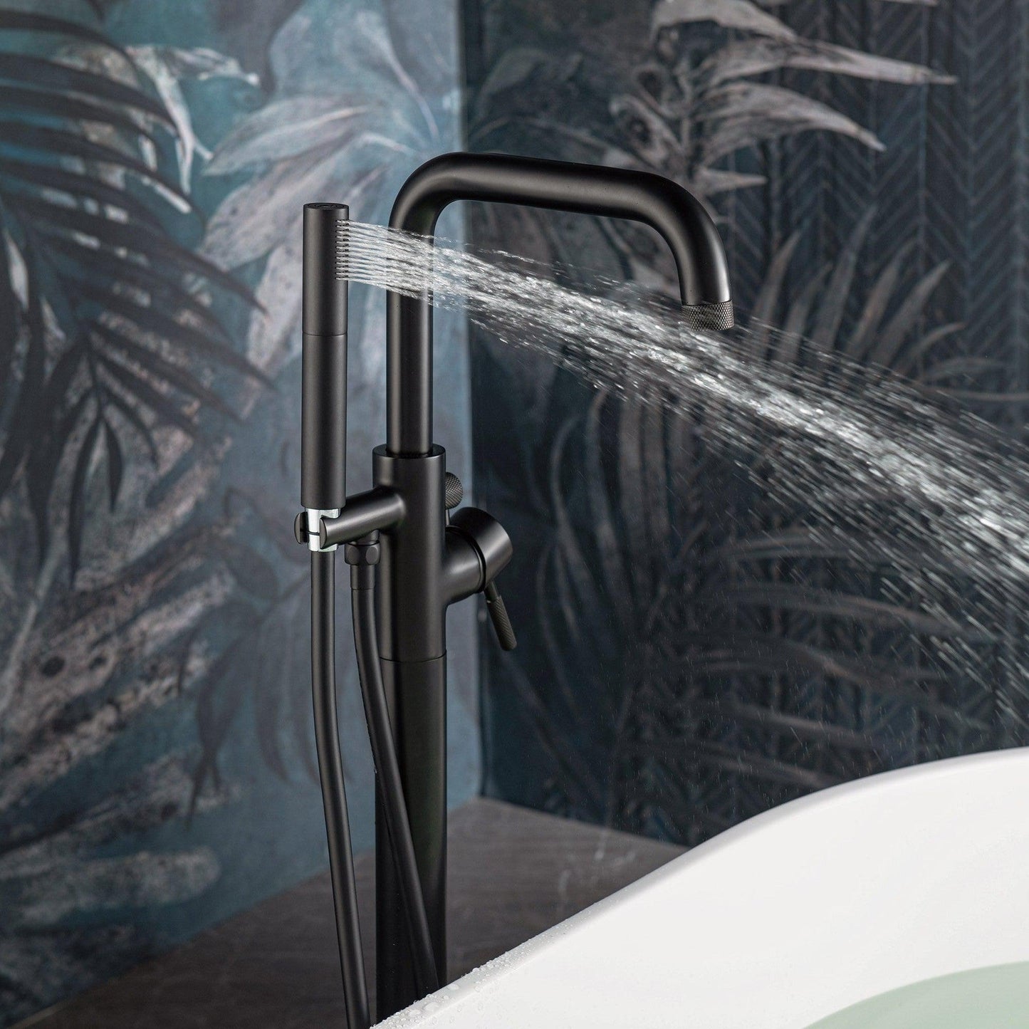 WoodBridge 67" Black Acrylic Freestanding Soaking Bathtub With Matte Black Drain, Overflow, F0072MBDR Tub Filler and Caddy Tray