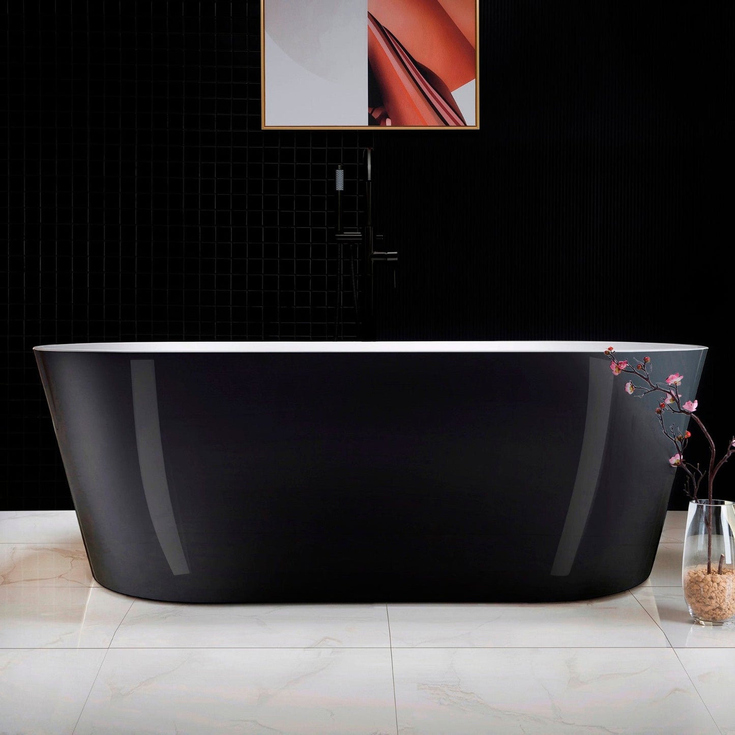 WoodBridge 67" Black Acrylic Freestanding Soaking Bathtub With Matte Black Drain, Overflow, F0072MBDR Tub Filler and Caddy Tray