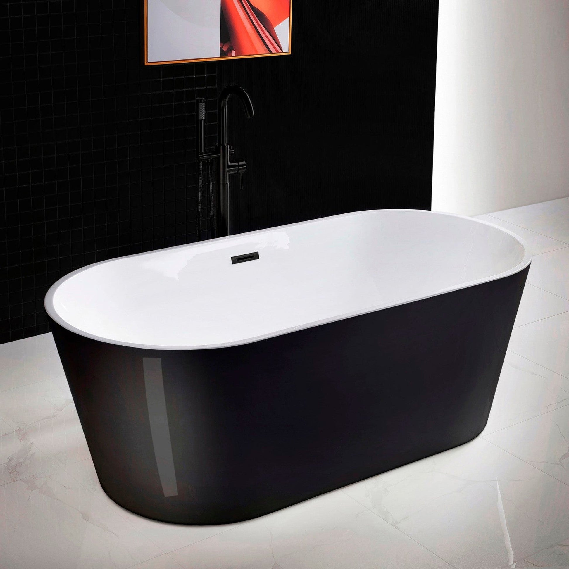 WoodBridge 67" Black Acrylic Freestanding Soaking Bathtub With Matte Black Drain, Overflow, F0072MBDR Tub Filler and Caddy Tray