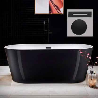 WoodBridge 67" Black Acrylic Freestanding Soaking Bathtub With Matte Black Drain and Overflow