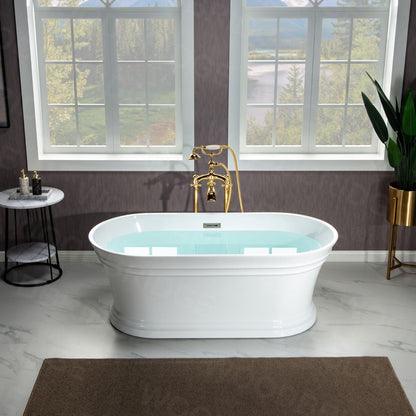 WoodBridge 67" Glossy White Lucite Acrylic Freestanding Double Ended Soaking Bathtub With Brushed Gold Center Drain Assembly, Overflow, F-0007BGVT Tub Filler and Caddy Tray