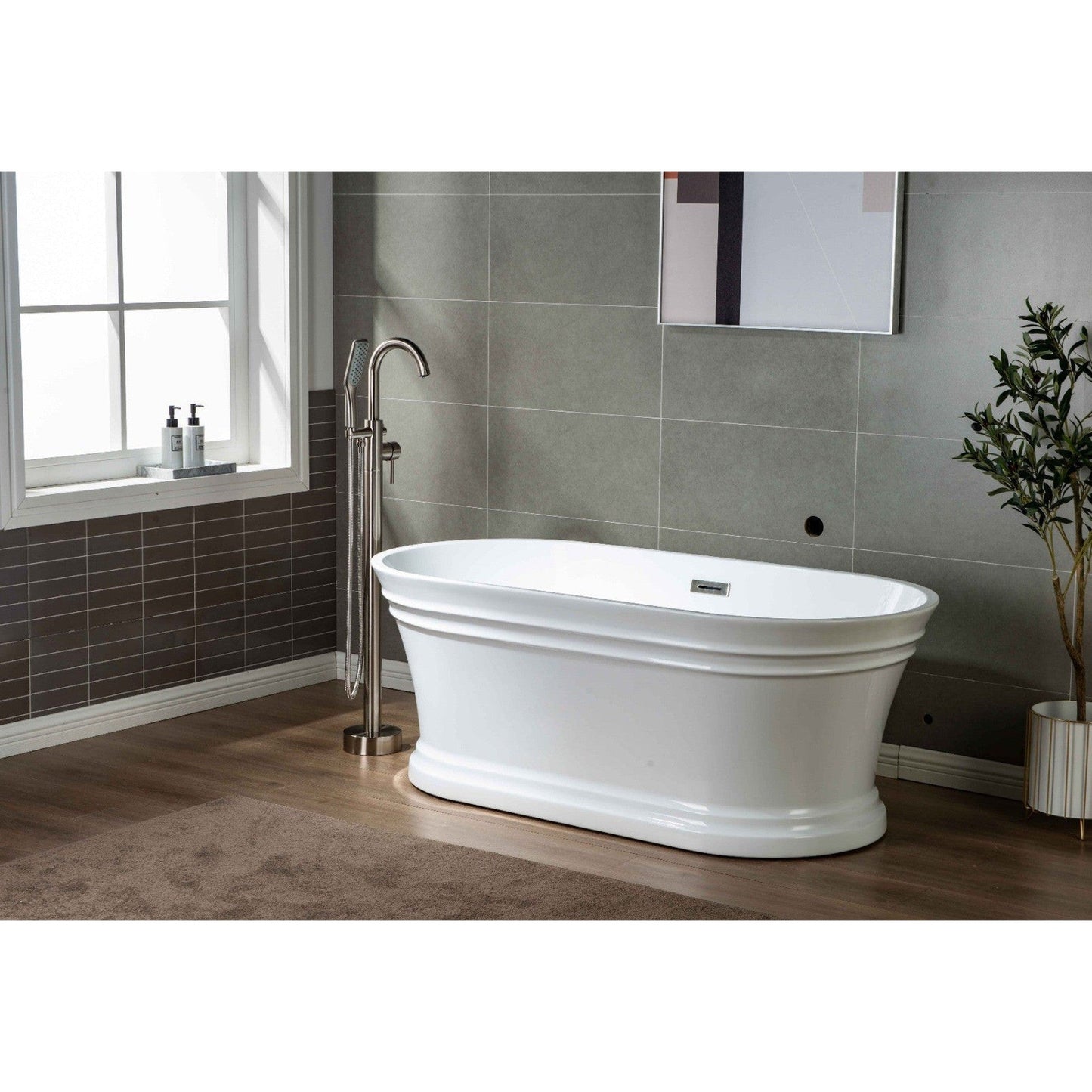 WoodBridge 67" Glossy White Lucite Acrylic Freestanding Double Ended Soaking Bathtub With Brushed Nickel Center Drain Assembly, Overflow, F-0003 Tub Filler and Caddy Tray