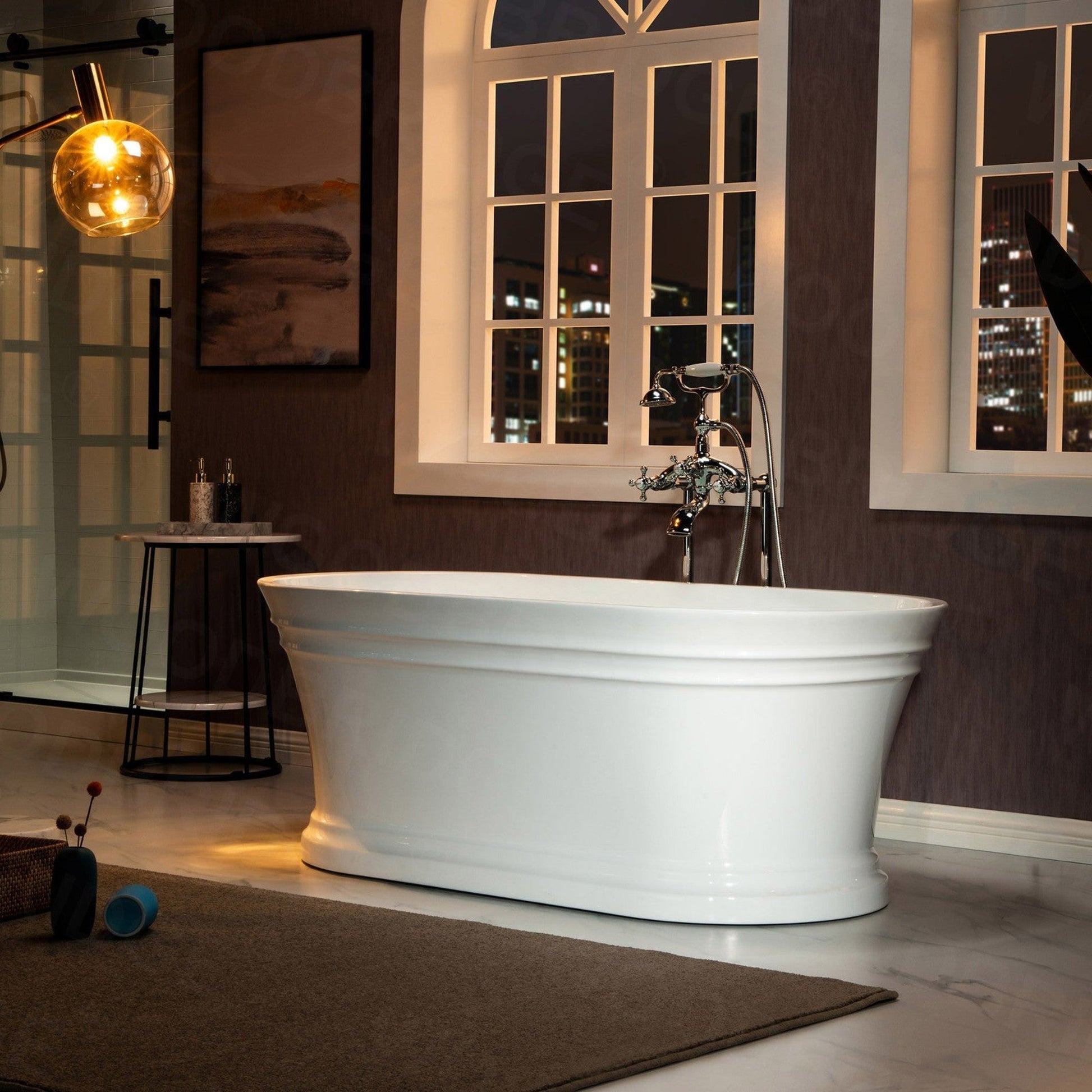 WoodBridge 67" Glossy White Lucite Acrylic Freestanding Double Ended Soaking Bathtub With Brushed Nickel Center Drain Assembly, Overflow, F0040BN Tub Filler and Caddy Tray
