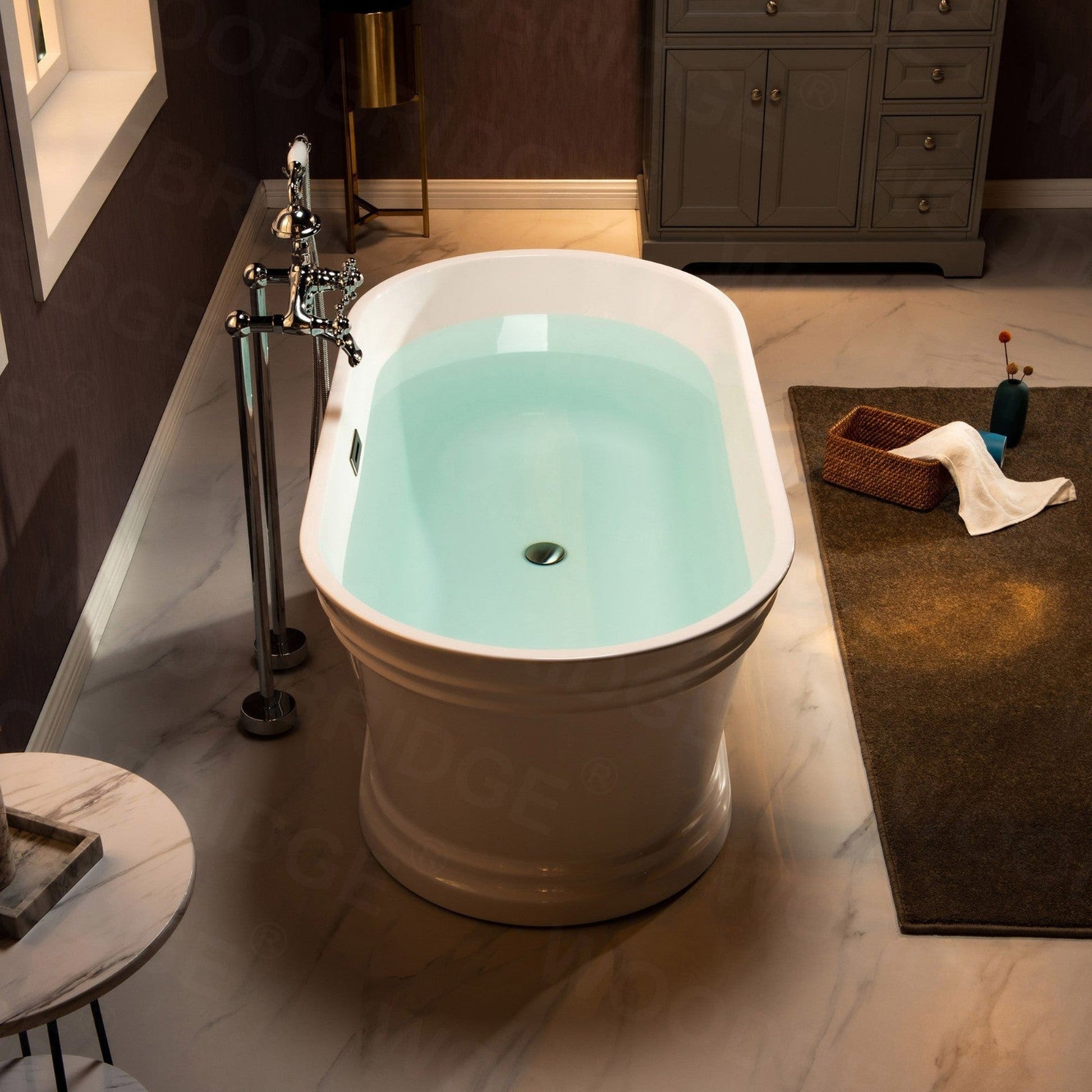 WoodBridge 67" Glossy White Lucite Acrylic Freestanding Double Ended Soaking Bathtub With Brushed Nickel Center Drain Assembly, Overflow, F0040BN Tub Filler and Caddy Tray
