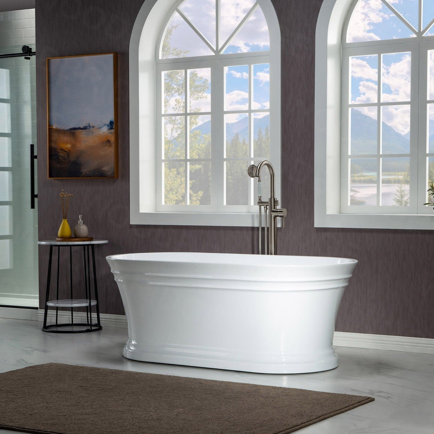 WoodBridge 67" Glossy White Lucite Acrylic Freestanding Double Ended Soaking Bathtub With Brushed Nickel Center Drain Assembly, Overflow, F0040BN Tub Filler and Caddy Tray