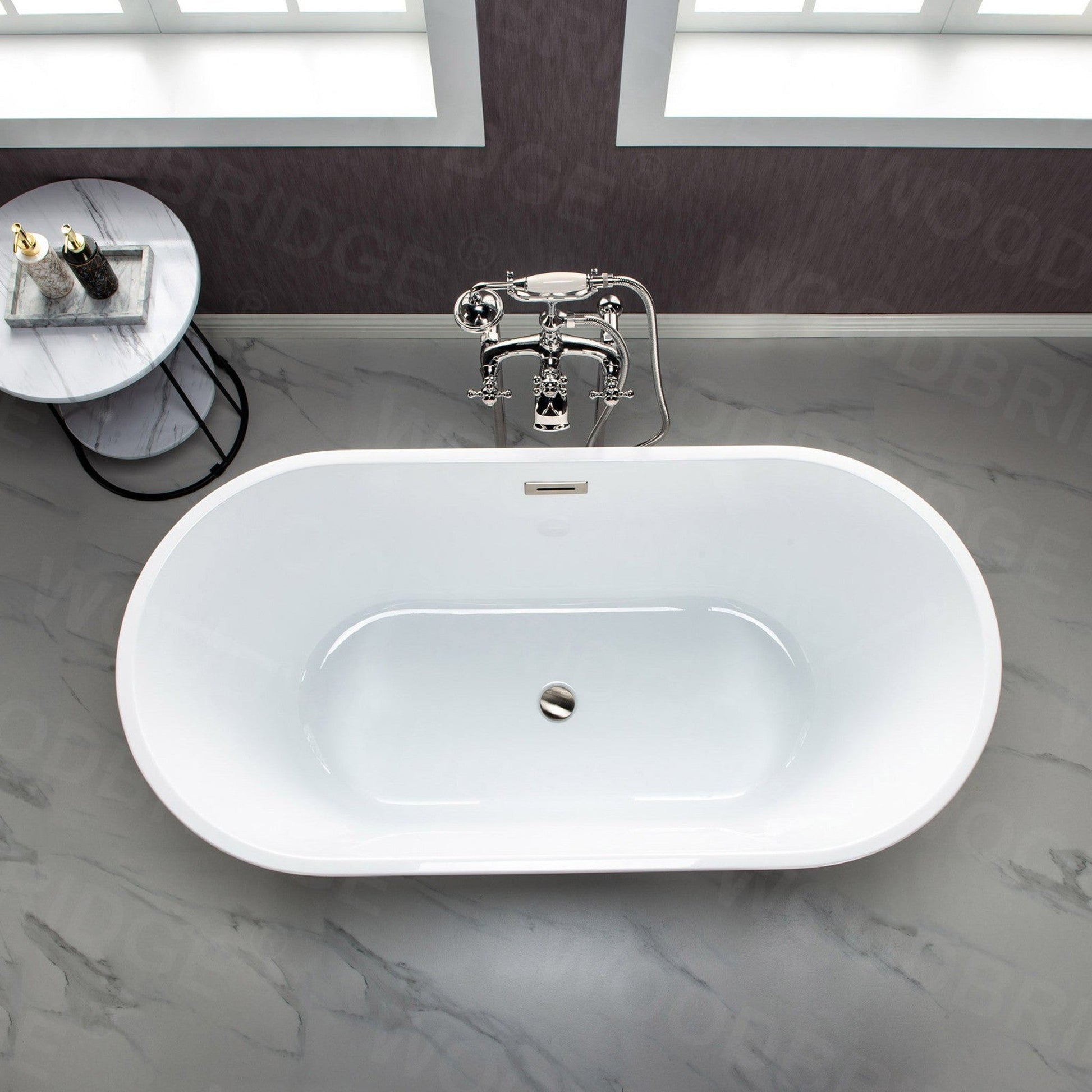 WoodBridge 67" Glossy White Lucite Acrylic Freestanding Double Ended Soaking Bathtub With Brushed Nickel Center Drain Assembly, Overflow, F0040BN Tub Filler and Caddy Tray
