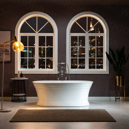 WoodBridge 67" Glossy White Lucite Acrylic Freestanding Double Ended Soaking Bathtub With Brushed Nickel Center Drain Assembly, Overflow, F0040BN Tub Filler and Caddy Tray