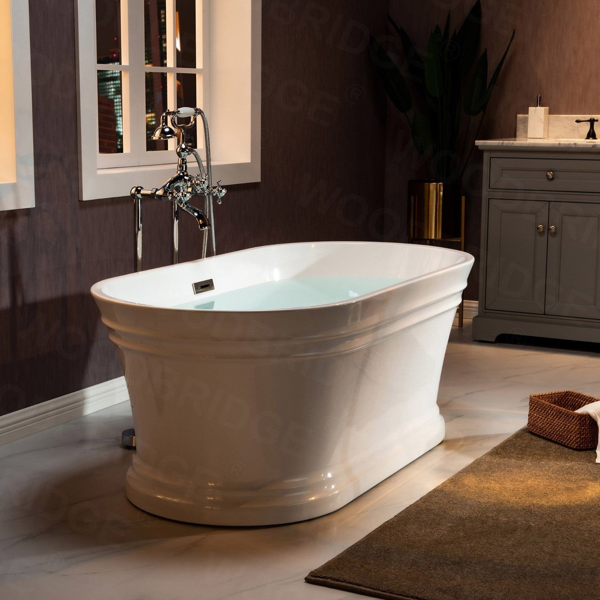 WoodBridge 67" Glossy White Lucite Acrylic Freestanding Double Ended Soaking Bathtub With Brushed Nickel Center Drain Assembly, Overflow, F0040BN Tub Filler and Caddy Tray