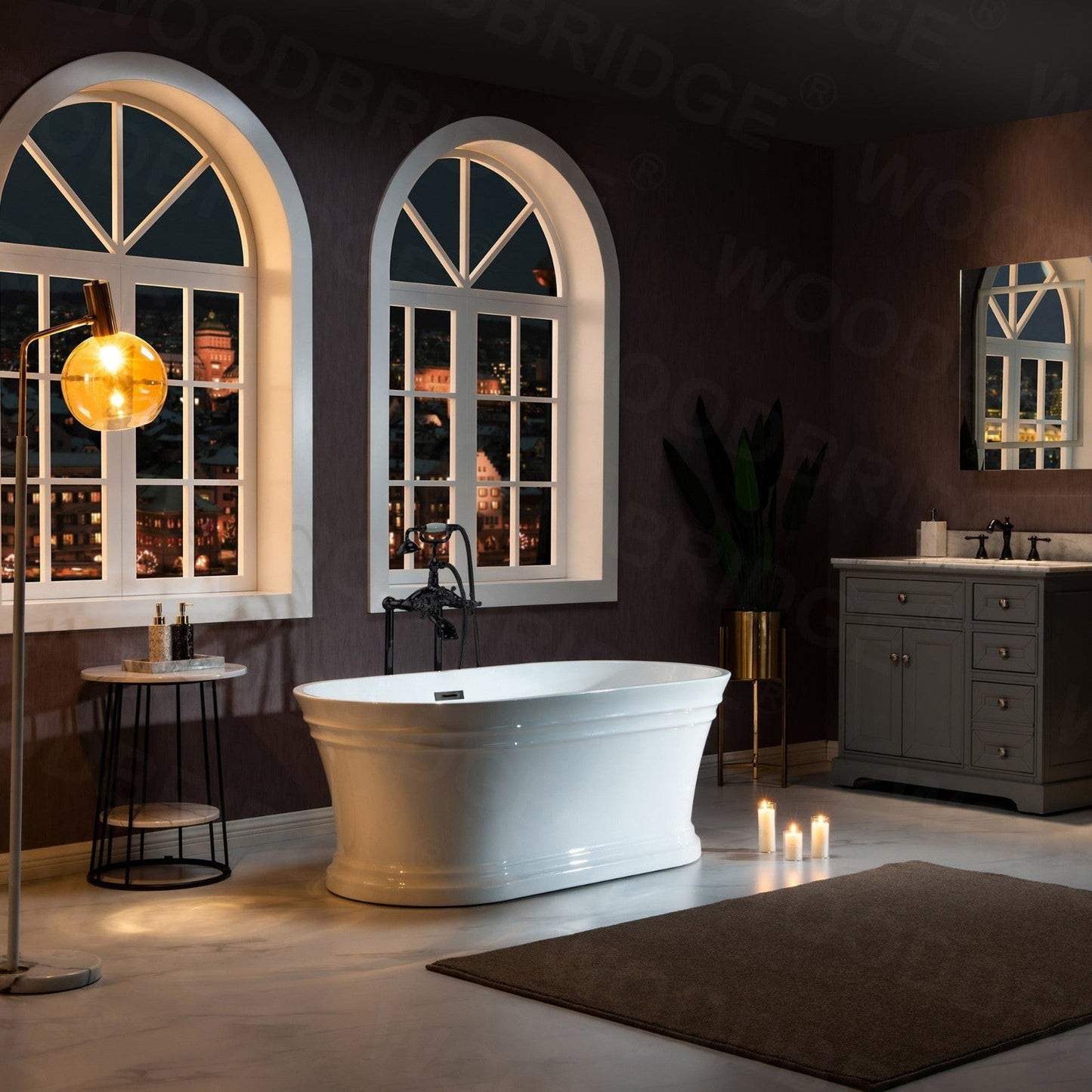 WoodBridge 67" Glossy White Lucite Acrylic Freestanding Double Ended Soaking Bathtub With Brushed Nickel Center Drain Assembly, Overflow, F0040BN Tub Filler and Caddy Tray