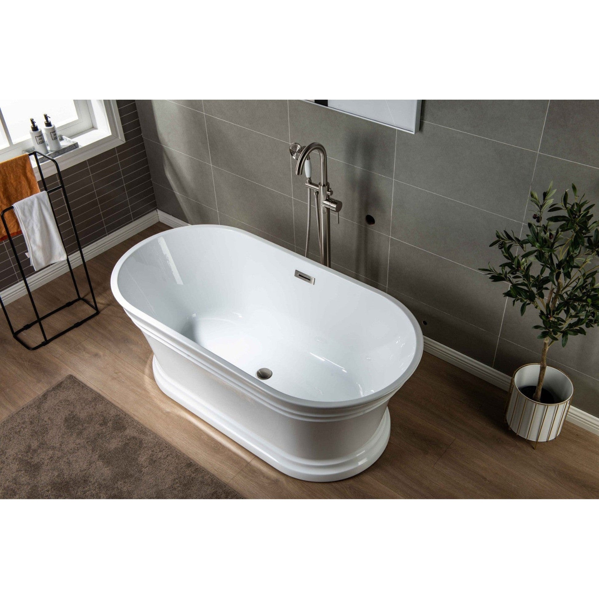 WoodBridge 67" Glossy White Lucite Acrylic Freestanding Double Ended Soaking Bathtub With Brushed Nickel Center Drain Assembly, Overflow, F0040BN Tub Filler and Caddy Tray