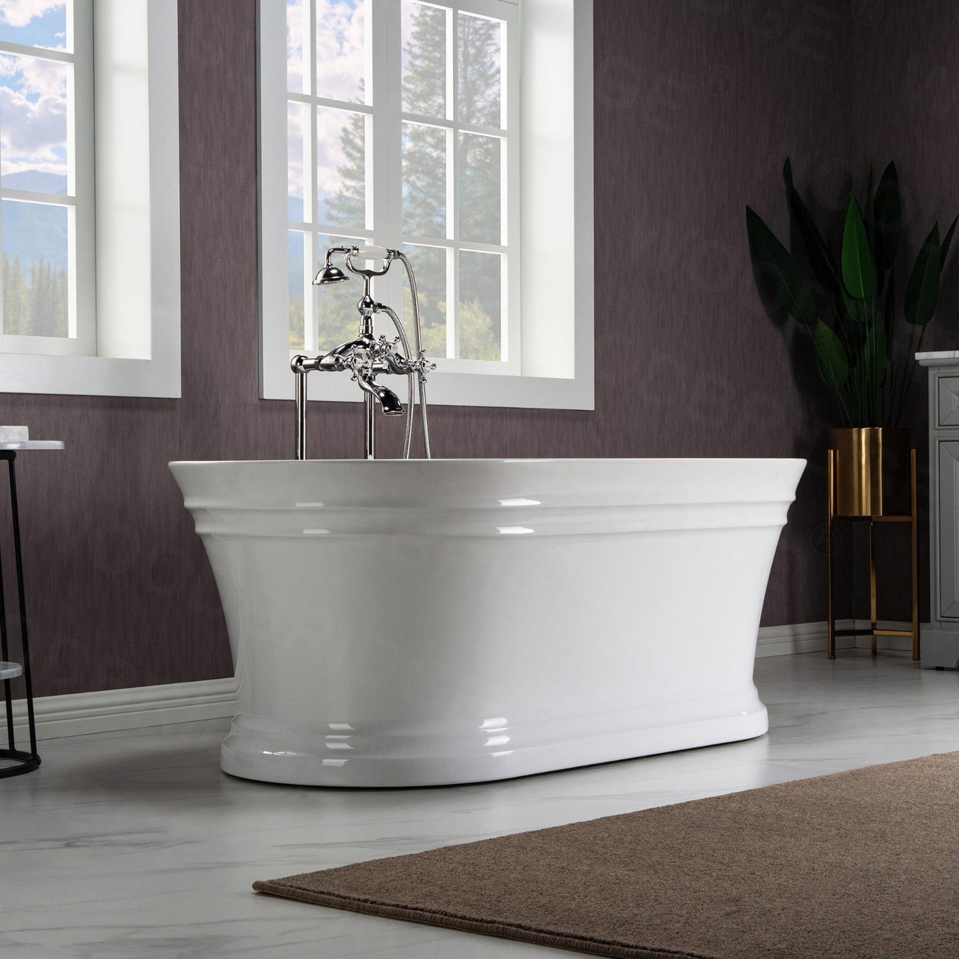 WoodBridge 67" Glossy White Lucite Acrylic Freestanding Double Ended Soaking Bathtub With Brushed Nickel Center Drain Assembly, Overflow, F0040BN Tub Filler and Caddy Tray