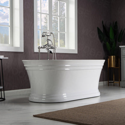 WoodBridge 67" Glossy White Lucite Acrylic Freestanding Double Ended Soaking Bathtub With Brushed Nickel Center Drain Assembly, Overflow, F0040BN Tub Filler and Caddy Tray