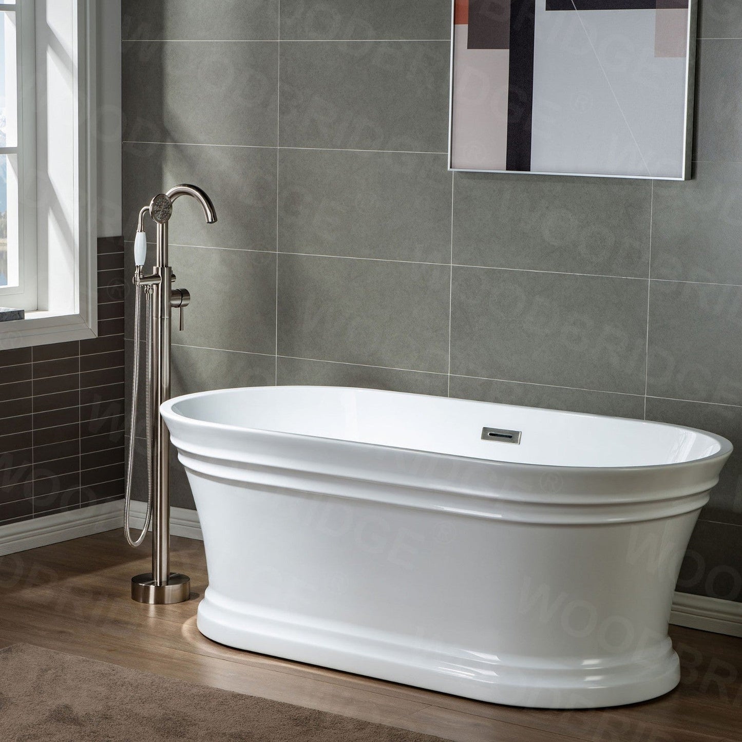 WoodBridge 67" Glossy White Lucite Acrylic Freestanding Double Ended Soaking Bathtub With Brushed Nickel Center Drain Assembly, Overflow, F0040BN Tub Filler and Caddy Tray