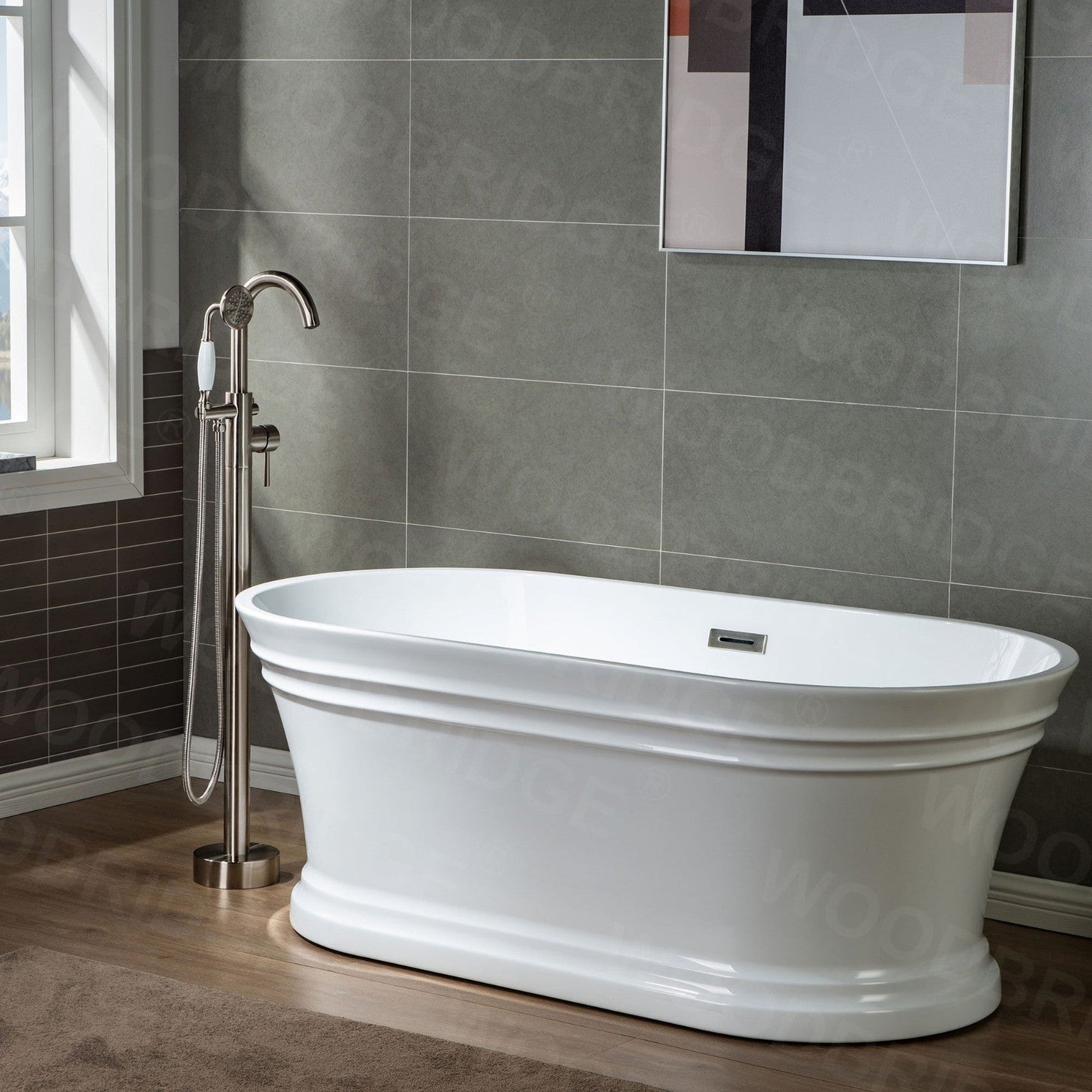 WoodBridge 67" Glossy White Lucite Acrylic Freestanding Double Ended Soaking Bathtub With Brushed Nickel Center Drain Assembly, Overflow, F0040BN Tub Filler and Caddy Tray