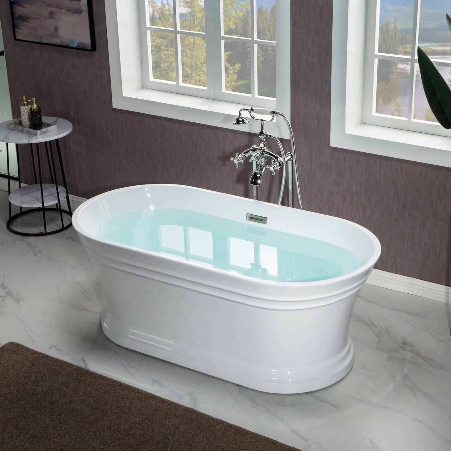 WoodBridge 67" Glossy White Lucite Acrylic Freestanding Double Ended Soaking Bathtub With Brushed Nickel Center Drain Assembly, Overflow, F0040BN Tub Filler and Caddy Tray