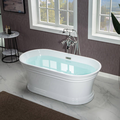 WoodBridge 67" Glossy White Lucite Acrylic Freestanding Double Ended Soaking Bathtub With Brushed Nickel Center Drain Assembly, Overflow, F0040BN Tub Filler and Caddy Tray
