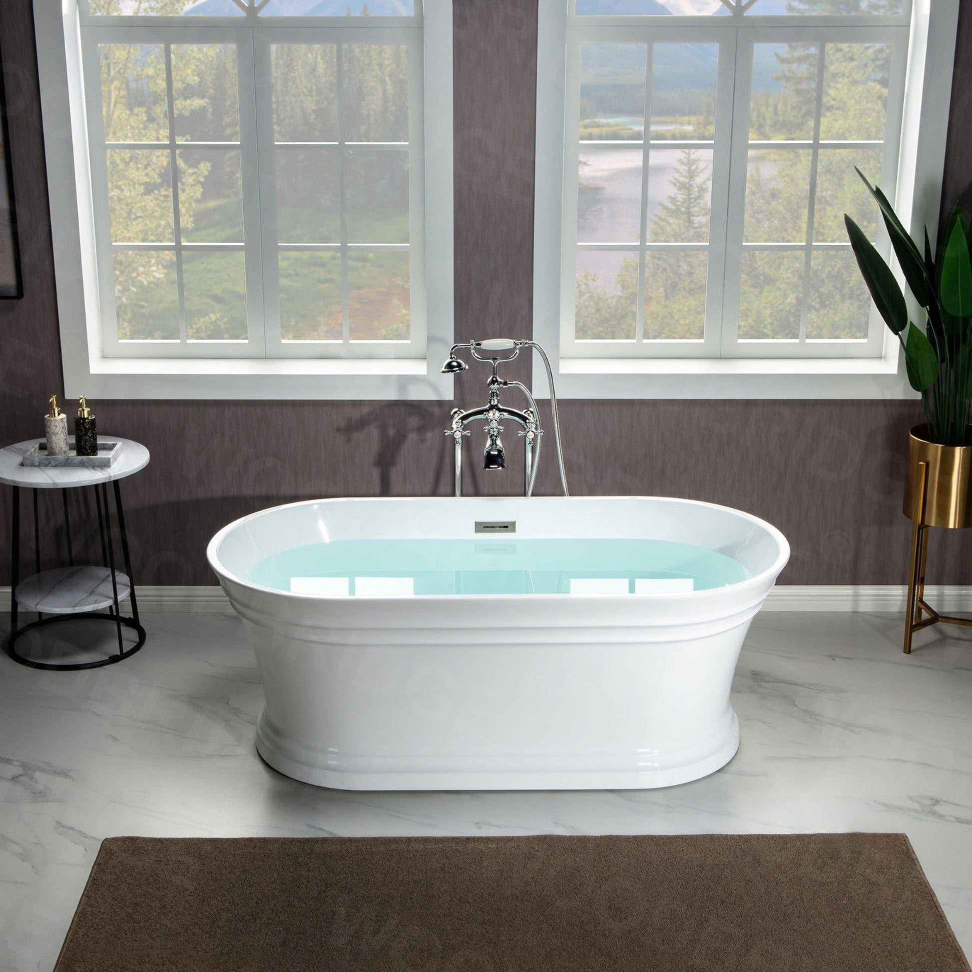 WoodBridge 67" Glossy White Lucite Acrylic Freestanding Double Ended Soaking Bathtub With Brushed Nickel Center Drain Assembly, Overflow, F0040BN Tub Filler and Caddy Tray